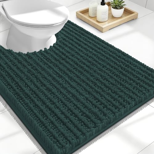 Image of OLANLY Toilet Rugs U Shaped 24x20, Thick Soft and Absorbent Chenille Contour Bath Mat, Non-Slip Rubber Backing, Machine Washable Quick Dry Toilet Mat, Home Decor Accessories, Blackish Green