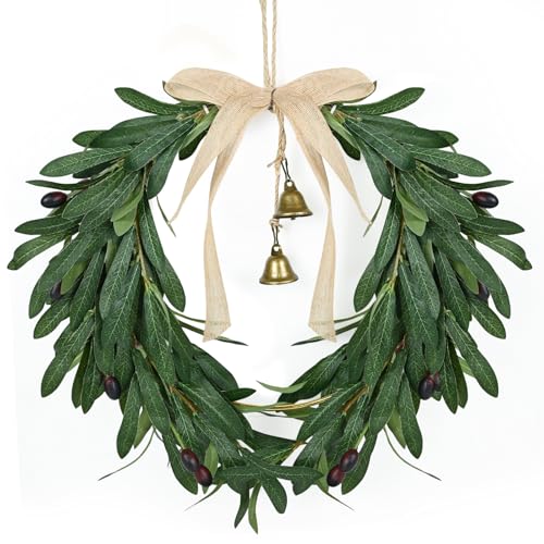Spring Wreath for Front Door Artificial Olive Leaf & Fruit Wreath- Heart Shaped Greenery Hanging Olive Bunch for Summer All Season Outdoor Indoor Farmhouse Wall Front Porch Window Decor
