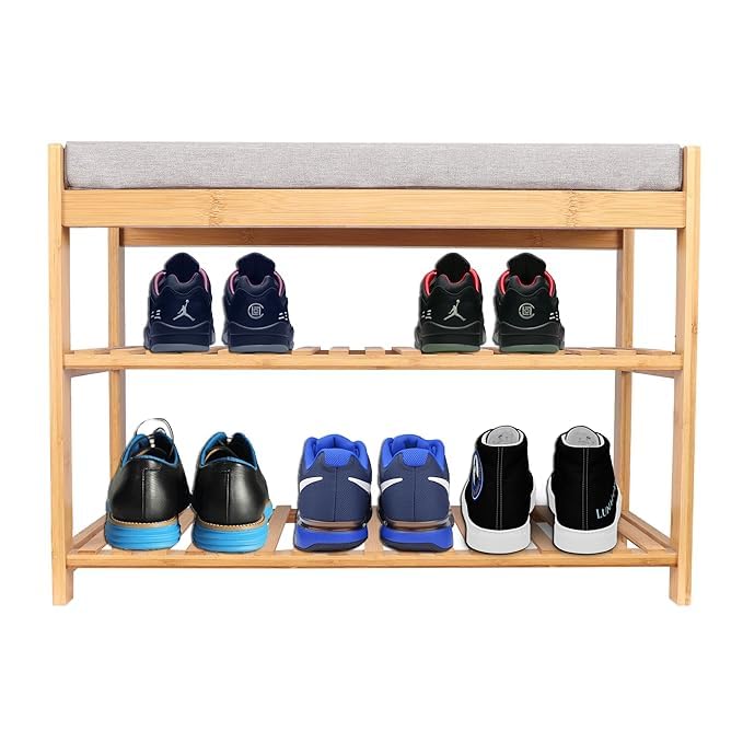 Keeam Decor 3-Tier Wooden Shoe Storage Bench with Cushioned Seat, Natural Bamboo Frame, Grey Cushion 2