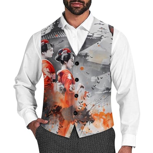 Geisha Japanese Crane Birds Novelty Men's Suit Vest Casual Formal Dress Vests Business Waistcoat
