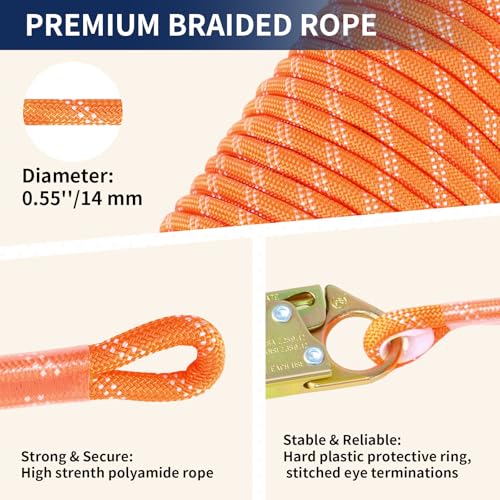 Image of Fall Protection Safety Rope 50FT, Heavy Duty Vertical Lifeline Assembly with Grab Snap Hooks Shock Absorber, Safety Lanyard for Roofing Tree Climbing Construction