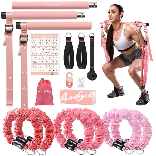 ALongSong Fitnessbänder Set mit 6 Widerstandsbänder 20-180Lbs oder 20-240Lbs & Pilates-Stange Griffe Türanker für Fitness Widerstandsbänder Krafttraining Fitnessgeräte für Zuhause