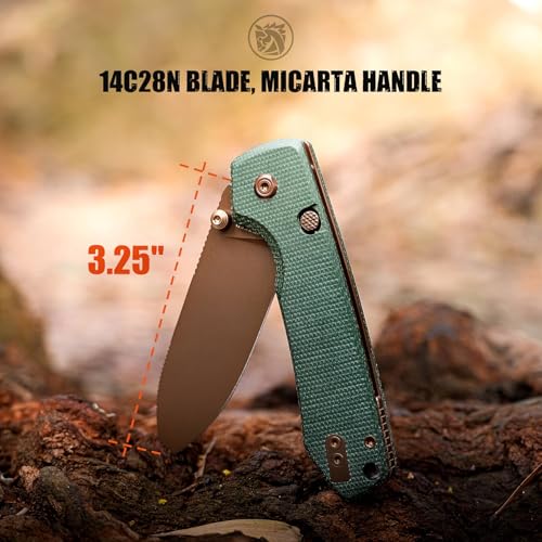 Image of Vosteed Raccoon2.0 EDC Folding Pocket knives - Top Liner Lock, 3.25 inch Sandvik 14C28N Steel Rose Gold Blade, Green Micarta Handle for Camping Hiking - A2907