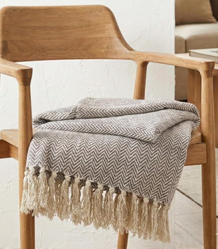 Image of Cotton Weave Boho Sofa Throw Blanket 50x60 Inches or 125x150 cms Lightweight, Soft & Breathable Couch, Bed or Chair Throw Blanket for Living or Bedroom, Zigzag Silver Grey