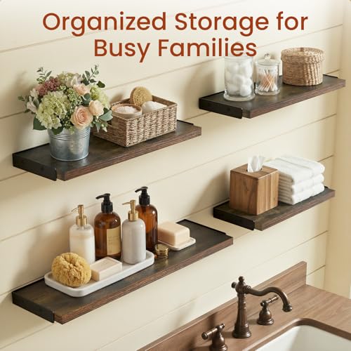 Image of BAYKA Wall Shelves for Bathroom Decor, Rustic Brown, Set of 4, 16in | Floating Shelves for Living Room Kitchen Storage, Mounted Rustic Wood Shelves for Kids Books, Corner Shelf for Bedroom