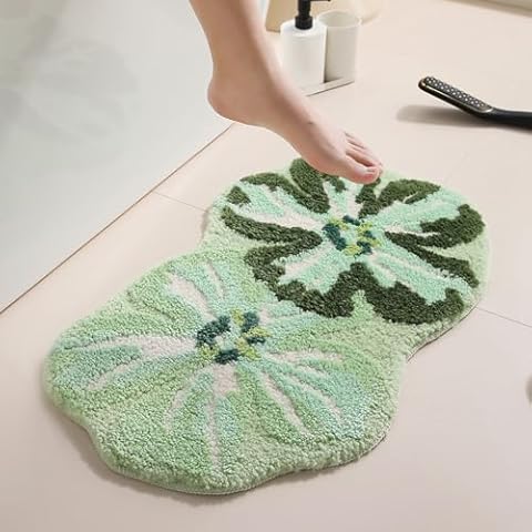 LIKETN Cute Floral Bath Mat for Bathroom,Green Flower Shaped Bathroom Rug Washable Non Slip Indoor Entryway Doormat Ultra Soft Fluffy Water Absorbent Microfiber Bath Rugs for Tub and Shower 18" x 26" Cover