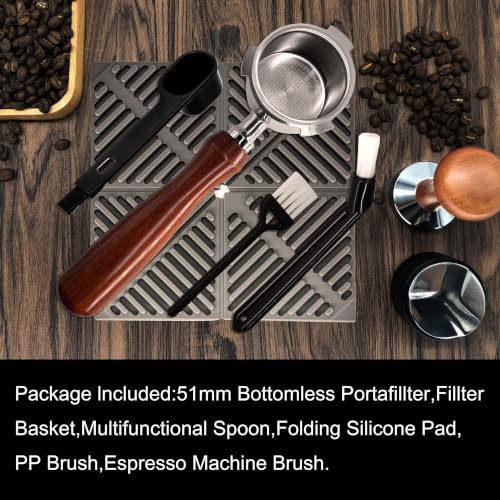 Image of NEOUZA Coffee 51mm Bottomless Portafilter Compatible with DeLonghi Dedica EC680 /EC685 /EC785 /EC820 /EC850 /EC860 SMEG Coffee Machine, Stainless Steel,Rosewood.Free with Basket, Spoon, tamper mat | Complete Set, Visible Extraction, 18g Non-Pressurized Basket, 304 Stainless Steel, Solid Wood Handle, Home Barista