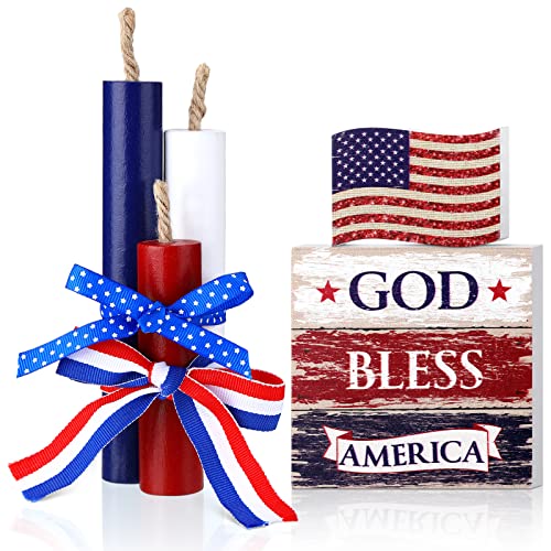 Amyhill 5 Pcs 4th of July Table Decorations Patriotic Table Centerpieces Rustic Independence Day Wood Firework Signs Tiered Tray Decor Rustic God Bless America Decor (American Flag)
