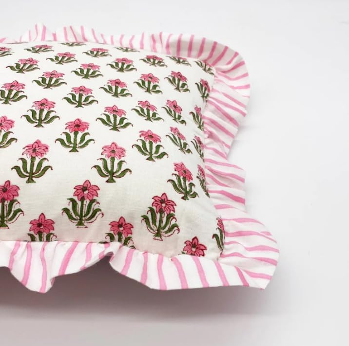 Pink Ruffle Throw Pillow Cover for Couch-20x20 Inch Cotton Stripe Cushion Cover for Living Room Hidden Zipper Boho Pillowcase Outdoor Pillow (Color-2, 18x18')