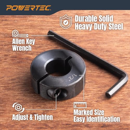 Image of POWERTEC Drill Bit Stop Collar Set, 7 Piece Set Adjustable Drill Bit Depth Stopper with Allen Wrench, Bit Stop with Imperial System Size Markings - 1 /8 inch, 3 /16 inch, 1 /4 inch, 5 /16 inch, 3 /8 inch, 7 /16 inch, 1 /2 inch (71491E)