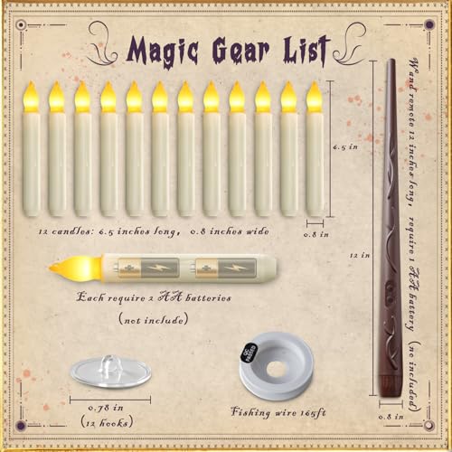 Image of Homemory Floating Candle with Wand Remote, 12 Pcs Magical Candlesticks Witch Decors, Warm Yellow Flameless Taper Candles Battery Operated, LED Window Candle for Halloween Party Decor