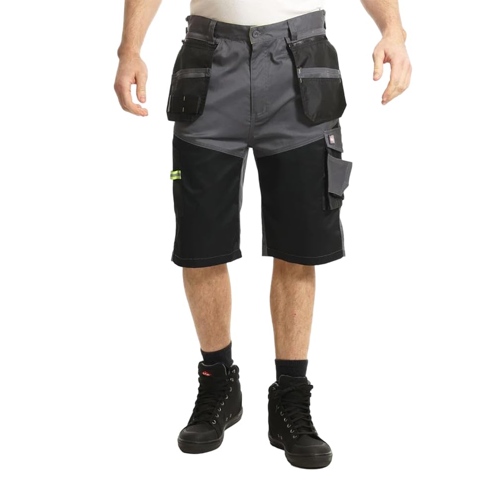 Lee Cooper Men's Hi Vis Work Shorts Reflective Cargo Shorts Detail Multi & Holster Pocket Durable and Lightweight Stretchable Fabric Workwear Capri Long Short for Men Casual Wear (Grey/Black, 42W)
