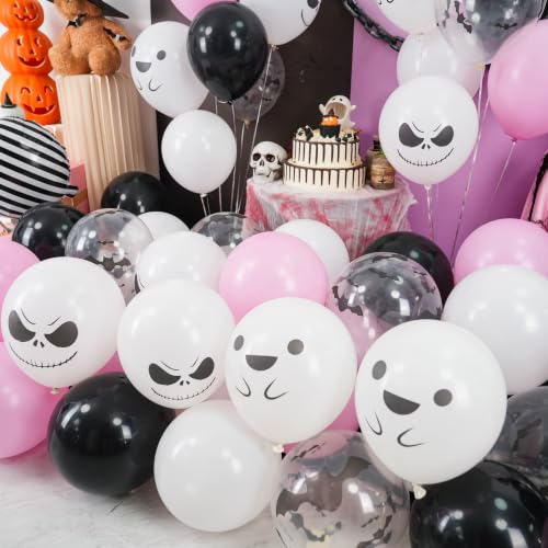 Image of Pink Black Halloween Balloons with Bat, Ghost Prints Stripe foil Balloon