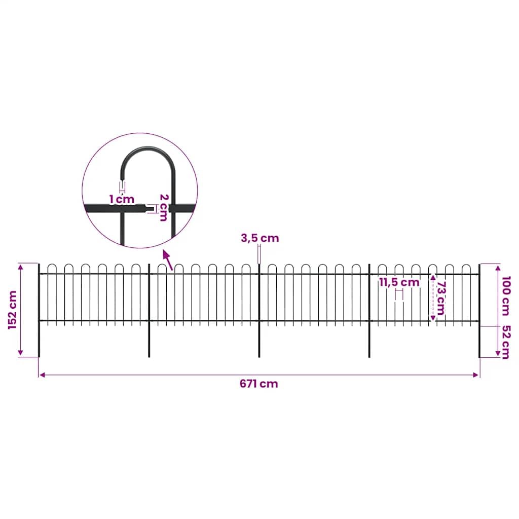 Recinzione da Giardino in Acciaio con Parte ad Anello Nero 671x100 cm per Esterni Privacy e Sicurezza con Pali e Pannelli Modulari