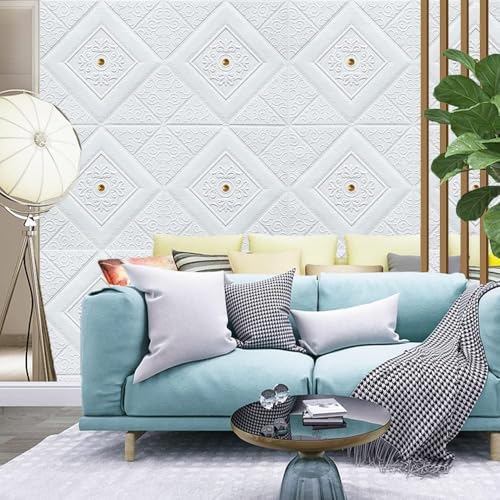 Image of 3D White Brick Wallpaper with Golden Tikdi Self Adhesive PE Foam Wall Sticker for Home Living Room Bedroom Kitchen Hotel DIY Wall Decor ((25, White with Goldan Round Wallpaper)