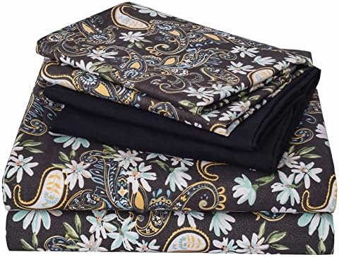 JSD 6 Piece Black Floral Sheet Set King Size, Soft Paisley Printed Microfiber Sheets with 4 Pillowcases Deep Pocket