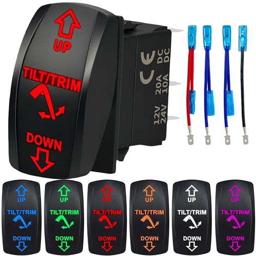 Marine Tilt Trim Rocker Switch 12V-24V Heavy Duty 7 Pin DPDT 3 Position (ON)-Off-(ON) Waterproof Momentary Switch Boat Control Trim Up Down Toggle Switch with Jumper Wires & LED Indicator (Red)