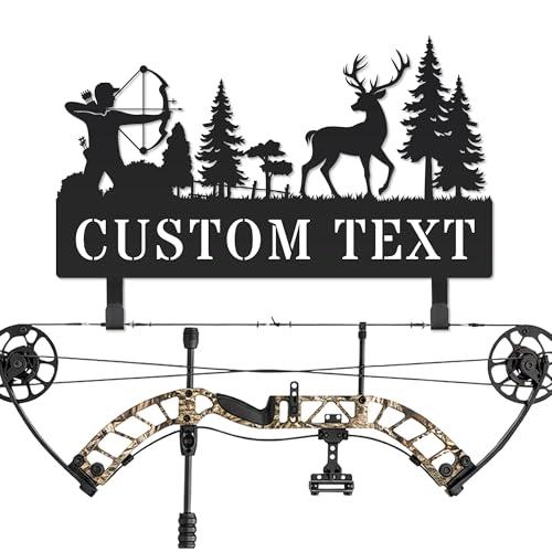 Archery Bow Hanger Wall Mount Personalized Metal Bow Holder with Custom Name Durable Steel Archery Rack Bow Storage with Archer and Deer Hunting Scene Wall decoration