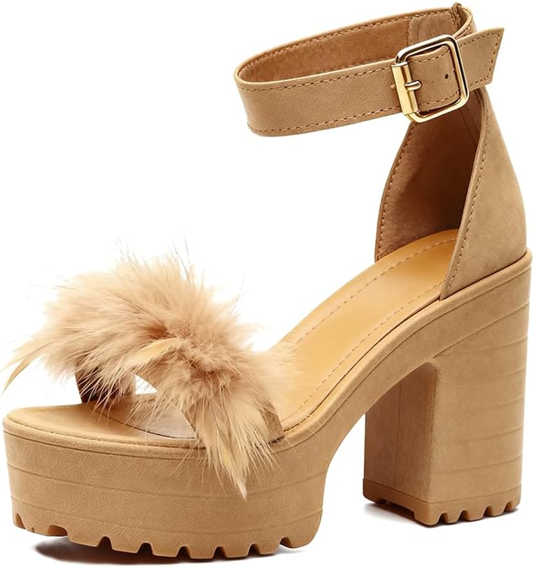 YSMIIH Women'S Faux Fur Chunky Heel Sandals Platform Open Toe Fuzzy Ankle Strap Sexy Colorful Wedding Dress Heels