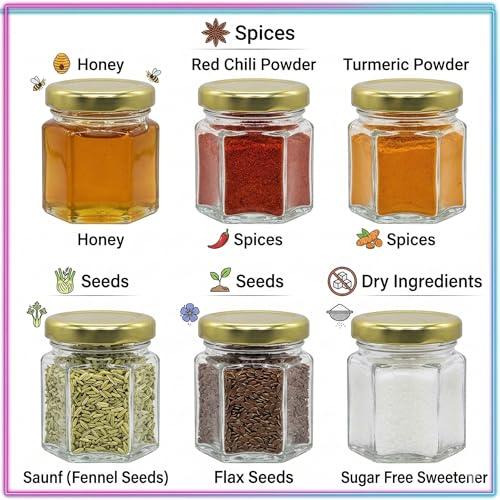 Image of Cute Hexagonal 50 grams Airtight Glass Jar Containers for Honey, Spices & other Kitchen Items with Rust Proof Gold & White Color Caps -Set of 06