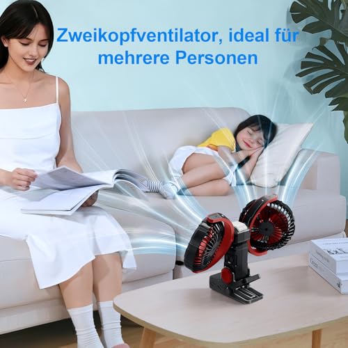 NIFBANG Clip Ventilator Akku mit Licht, USB C Aufladbar Leise Fan Doppelkopf Wandventilator,Stark Lüfter Wand für Büro, Bett, Schlafzimmer, Auto, Wohnmobil, Outdoor Camping Klemmventilator(Schwarz)