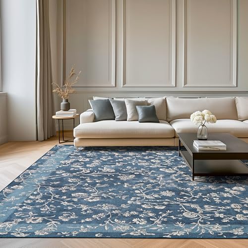 Laura Ashley Dark Navy Aria Floral Border Machine Washable & Slip Resistant 8' x 10' Area Rug