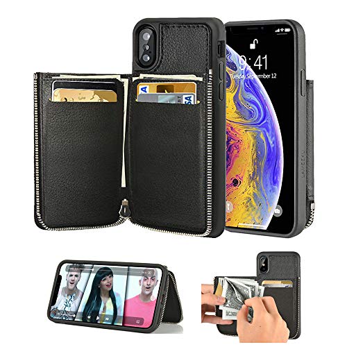 iPhone Xs Wallet Case, LAMEEKU iPhone X Card Holder Case, Zipper Leather Case with Credit Card Slots Pocket, Protective Shockproof TPU Bumper Phone Cover compatible with iPhone Xs / X 5.8'' - Black