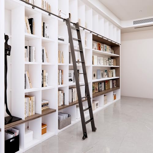 Image of 120 inch Black Sliding Library Ladder with 4FT Hook Track - Lightweight Aluminum Rolling Ladder with Braking Wheels, Space-Saving Rail Mounted Ladder System for Home Library, Closet & Storage