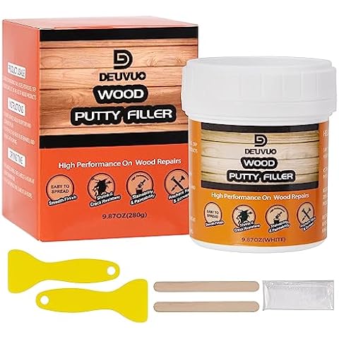 deuvuo Wood Putty, High-Performance Natual Wood Filler Putty - Quickly Fix Wood Cracks and Blemishes With Wood Hole Filler - Paintable, Stainable, Sandable & Quick Drying - 9.87 Ounce Cover