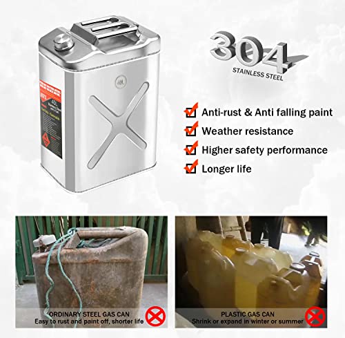 Drfg 40L/10.6Gallon Stainless Steel Gas Can, Tight Sealed Thickened Fuel Can With 3 Handles, Safety Portable Emergency Gasoline Diesel Can Tank, Flexible Spout & Vent Kit For Cars, Trucks And Boat #TOP5