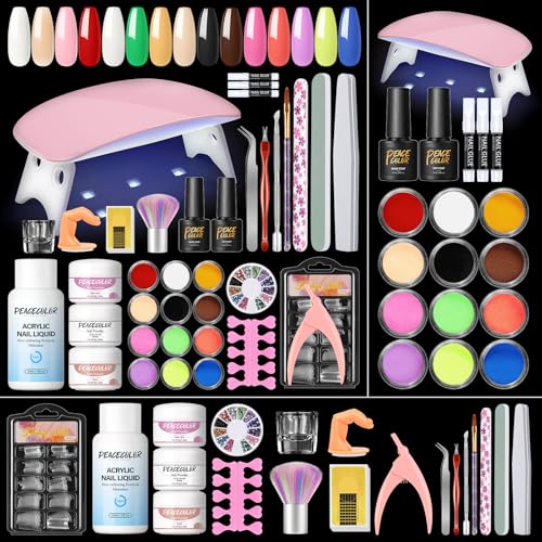 Peacecolor Kit Polvo Acrilico para Uñas con Lampara Uñas,15 Colores Acrilico para Uñas Profesional con 30ML Liquido para Uñas Acrilicas Base y Top Coat,Uñas Acrilicas Kit Completo para Uñas Extensión