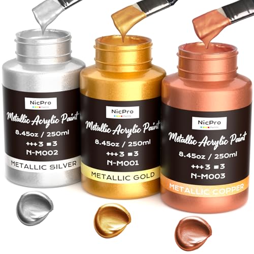 Nicpro Metallic Acrylfarbe, 3 Farben: Gold Silber Kupfer, 750 ml Blattgoldfarbe, ungiftig, lichtecht für Kunstmalerei, Kunsthandwerk, ideal für verschiedene Oberflächen, Leinwand, Holz, Ton und Metall
