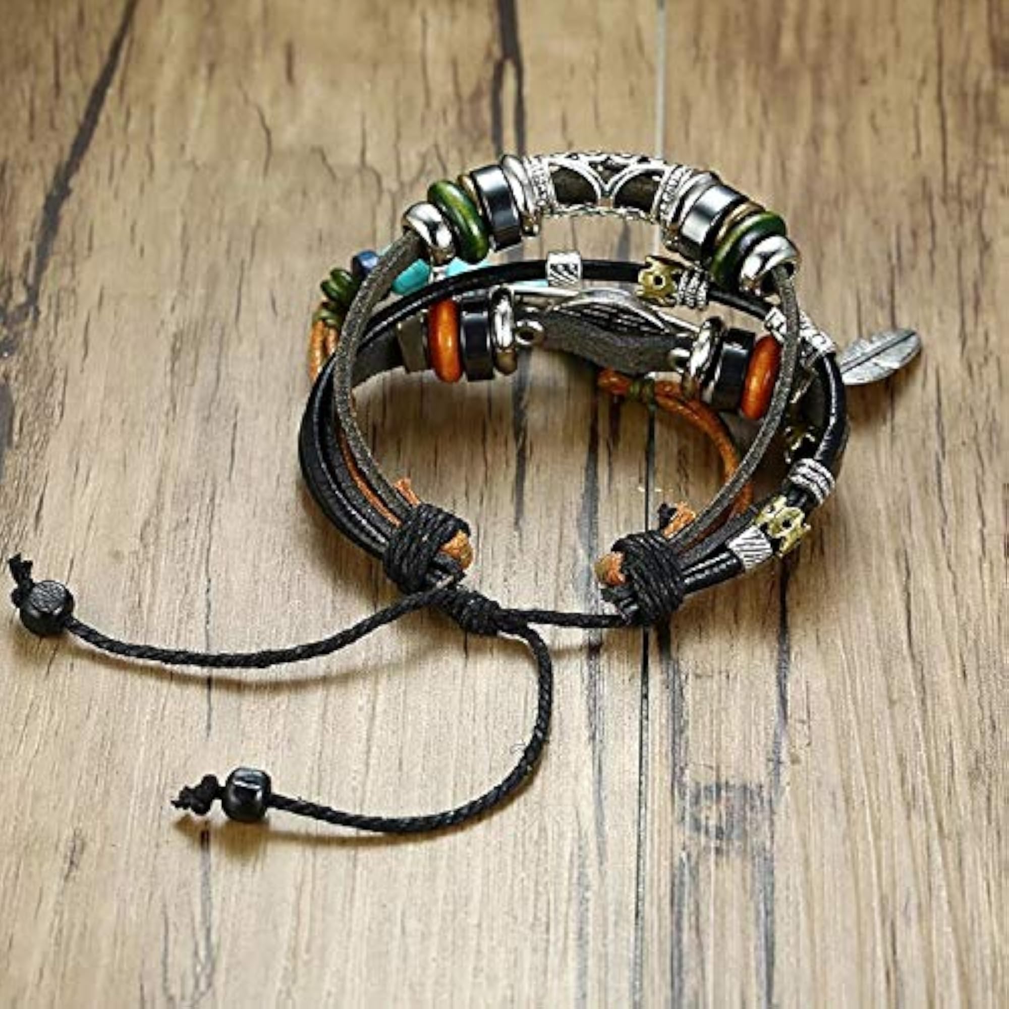 Evil Eye Multi-layer Leaf Charm Wrap Leather Bracelet