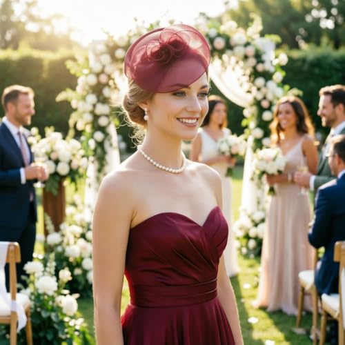 Image of DRESHOW Fascinator Hats for Women Cocktail Tea Party Hat Netted Pillbox Hat Vintage Derby Hats for Bridal Wedding