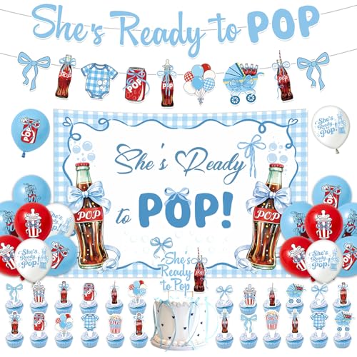 ZIXUWAN Shes Ready to Pop Baby Shower Decorations for Boy Blue about to pop baby shower decorations Soda Pop Theme Banner Backdrop Balloons Cupcake Toppers