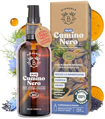 BIONOBLE Olio di Cumino Nero Biologico - 100% Puro, Naturale, Spremuto a Freddo - Olio di Semi di Cumino Nero Anti-Acne e Purificante - Black Seed Oil Viso - Bottiglia di Vetro, Pipetta, Pompa - 100ml