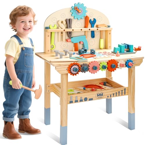 medoga Banco de herramientas para niños, banco de trabajo de juguete, banco de herramientas de madera, banco de trabajo con juego de herramientas, banco de construcción de madera, juguete para niños y