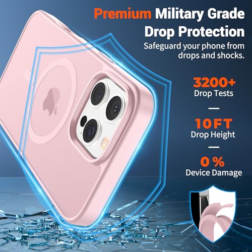 Image of SUPFINE Magnetic for iPhone 16 Pro Case with Screen Protector (Compatible with MagSafe) (Military Grade Drop Protection) Translucent Matte Shockproof Phone Cover,Light Pink