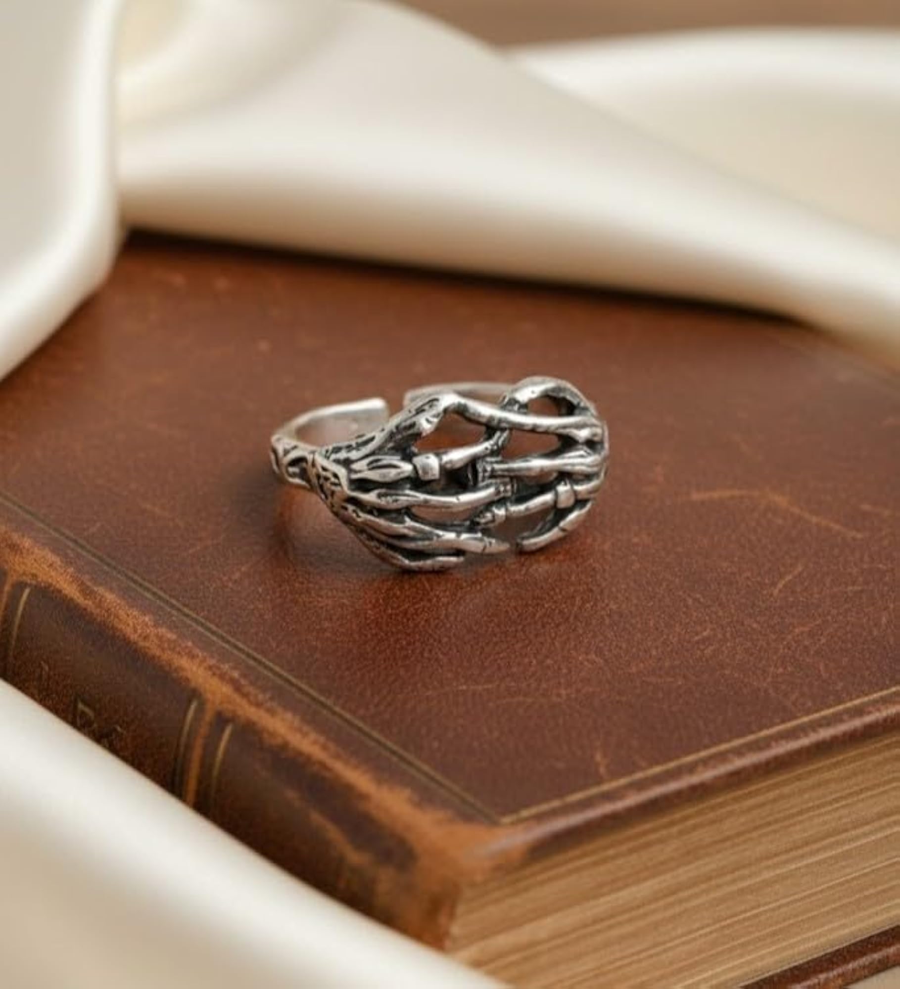 Gothic Skeleton Hand Adjustable Ring, Polished Silver