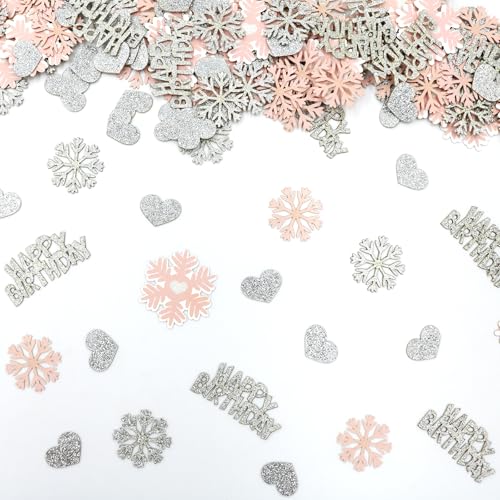 Blopee Pink Snowflake Birthday Confetti for Table 200PC Glitter Heart Snowflakes Table Scatter for Girl Winter Wonderland Birthday Decorations