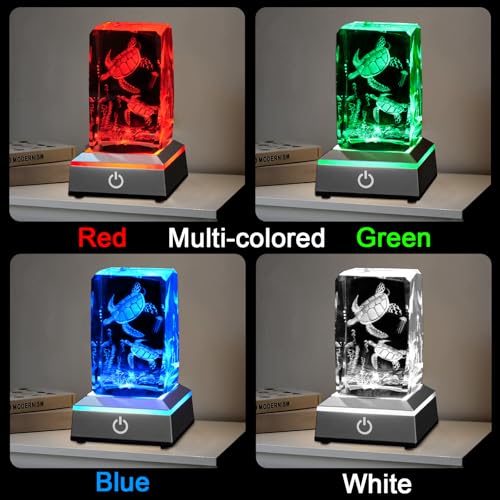 Image of 3D Crystal Night Light with Multicolor LED Base Glass Laser Engraved Sea Turtle Figurines Lamp Gifts for Boys Girls Lovers Birthday Christmas Room Decor