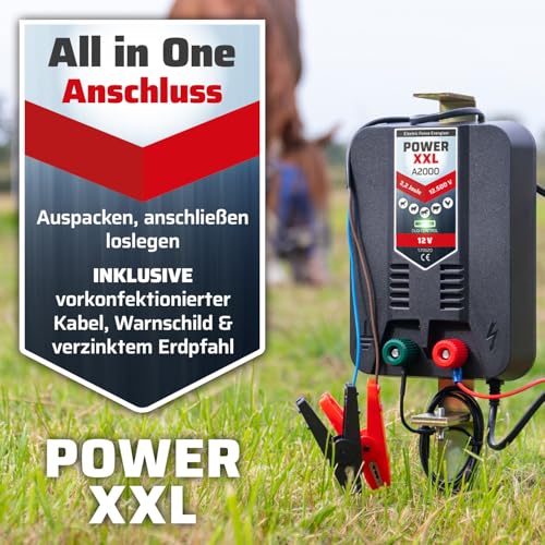 Power XXL A2000 12V Set Elektrozaungerät inklusive Zubehör Weidezaungerät für Lange Einzäunungen, Weidezaun Paddock Gehege 12.500 Volt 2,2 Joule