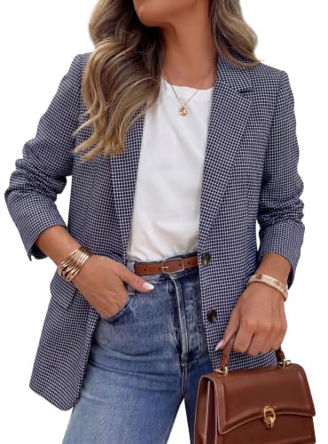 PRETTYGARDEN Fall Plaid Blazers for Women Business Casual Navy Blue M
