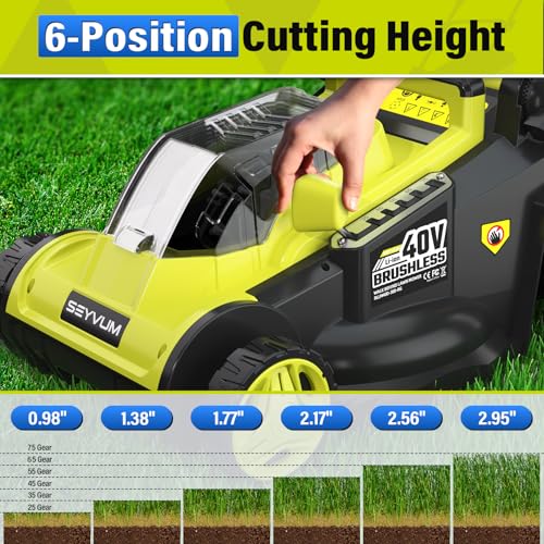 SEYVUM 40V 16-inch Cordless Lawn Mower with 45L Grass Collection Bag, 6 Position Height Adjustment Electric Lawn Mower, 2 x 20V 4.0Ah Battery Powered Push Lawnmower, 2.4A Fast Charger, Lemon Green - Image 5