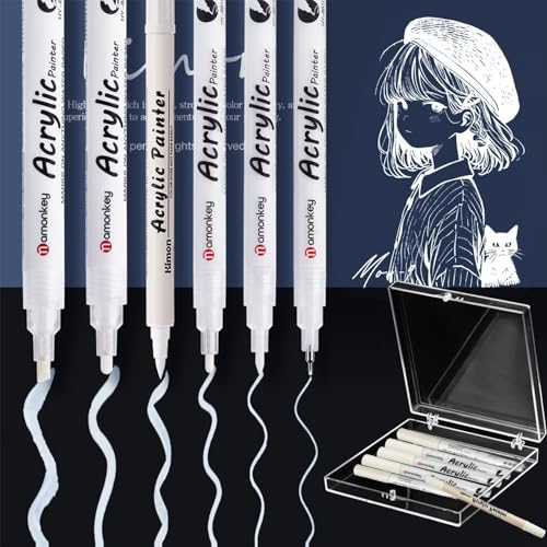 White Gel Pen 6PCS White Pen Set 0.5mm/0.7/1.2/2.0/4.0/BR soft tip Acrylic Gel Pens for Art Highlight Permanent Ink for Black Paper Sketching Scrapbook Journaling Marking and Altering