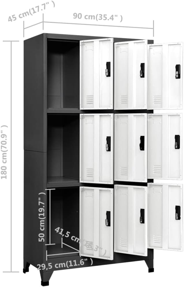 Diagram showing the dimensions of the vidaXL Steel Locker Cabinet.