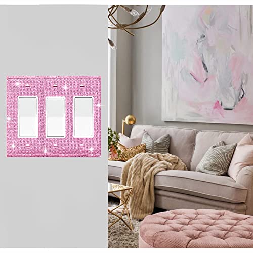 Image of Shiny Silver Pink Rhinestones Light Switch Cover Decorative Outlet Covers Wall Plate Triple Toggle Outlet Covers Wall Outlet Rhinestone Wall Plate Cover