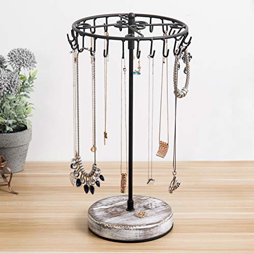 Mygift 15-Inch Rotating Black Metal Torched Wood Base Scrollwork Necklace Holder/Jewelry Organizer Tower With 24 Hooks #TOP2