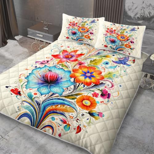 MILANKET 3 Pieces Flowers Bloom Print Quilt Set King Size for Kids Adults Beige Bedspread Coverlet Lightweight Microfiber Bedding Set with 2 Pillow Shams
