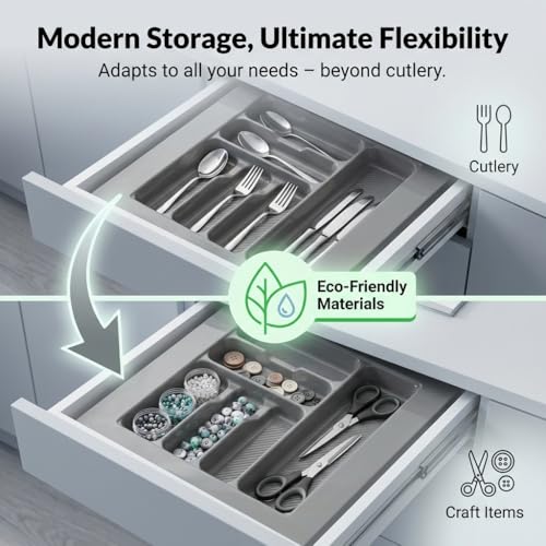Image of SmartSlide 500MM PVC Cutlery Tray For Kitchen Drawer Modular Kitchen Tandem Drawer Organizer Adjustable Width & Depth Grey Non-Slip Surface (500 x 535 MM)